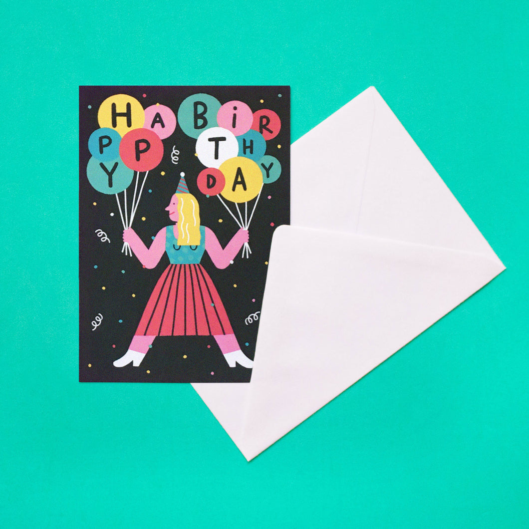 Happy Birthday Girl with Balloons // A6 Postcard