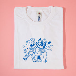 Roller Skater Girls Handprinted T-shirt // White & Blue