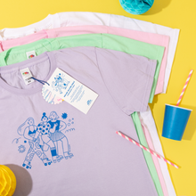 Load image into Gallery viewer, Roller Skater Girls Handprinted T-shirt // White &amp; Blue
