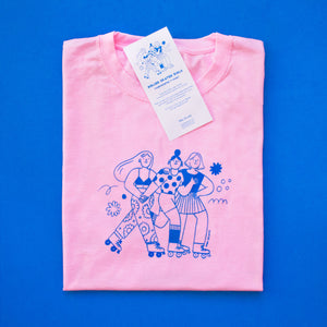 Roller Skater Girls Handprinted T-shirt // Light Pink & Blue