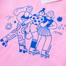 Load image into Gallery viewer, Roller Skater Girls Handprinted T-shirt // Light Pink &amp; Blue
