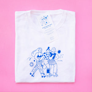 Roller Skater Girls Handprinted T-shirt // White & Blue