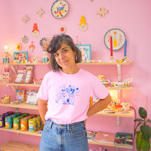 Load image into Gallery viewer, Roller Skater Girls Handprinted T-shirt // Light Pink &amp; Blue

