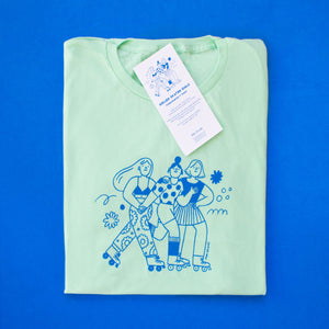 Roller Skater Girls Handprinted T-shirt // Mint Green