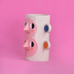 Double Face with Orange & Blue Ears / Ceramic Vase