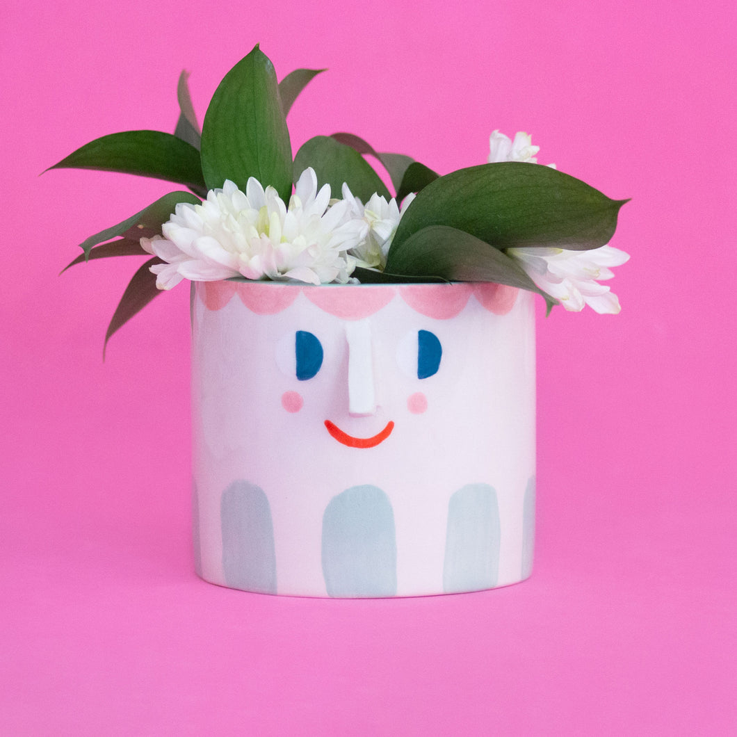 Mila / Friendly Faces with Mint Stripes/ Ceramic Pot