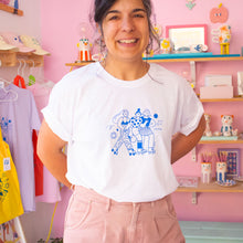 Load image into Gallery viewer, Roller Skater Girls Handprinted T-shirt // White &amp; Blue
