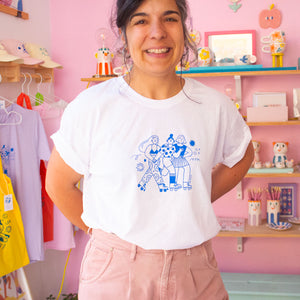 Roller Skater Girls Handprinted T-shirt // White & Blue