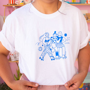 Roller Skater Girls Handprinted T-shirt // White & Blue