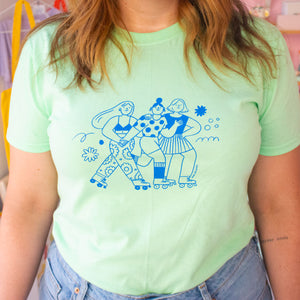 Roller Skater Girls Handprinted T-shirt // Mint Green