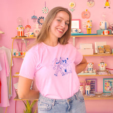 Load image into Gallery viewer, Roller Skater Girls Handprinted T-shirt // Light Pink &amp; Blue
