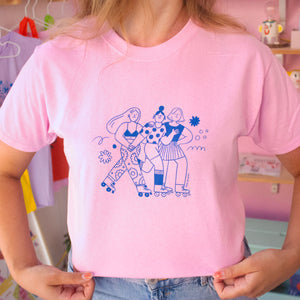 Roller Skater Girls Handprinted T-shirt // Light Pink & Blue