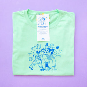Roller Skater Girls Handprinted T-shirt // Mint Green