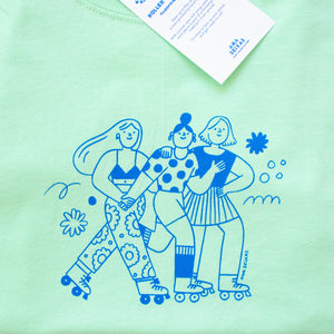 Roller Skater Girls Handprinted T-shirt // Mint Green