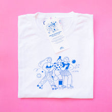 Load image into Gallery viewer, Roller Skater Girls Handprinted T-shirt // White &amp; Blue
