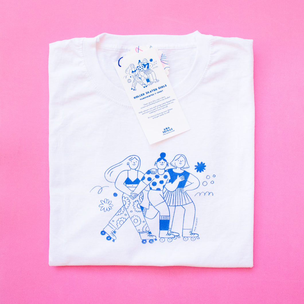 Roller Skater Girls Handprinted T-shirt // White & Blue
