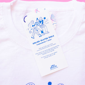 Roller Skater Girls Handprinted T-shirt // White & Blue