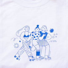 Load image into Gallery viewer, Roller Skater Girls Handprinted T-shirt // White &amp; Blue
