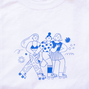 Roller Skater Girls Handprinted T-shirt // White & Blue