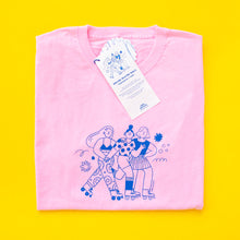 Load image into Gallery viewer, Roller Skater Girls Handprinted T-shirt // Light Pink &amp; Blue
