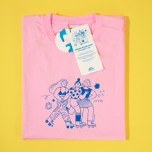Load image into Gallery viewer, Roller Skater Girls Handprinted T-shirt // Light Pink &amp; Blue
