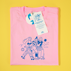 Roller Skater Girls Handprinted T-shirt // Light Pink & Blue