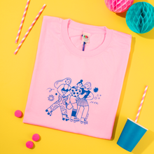 Load image into Gallery viewer, Roller Skater Girls Handprinted T-shirt // Light Pink &amp; Blue
