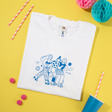 Load image into Gallery viewer, Roller Skater Girls Handprinted T-shirt // White &amp; Blue
